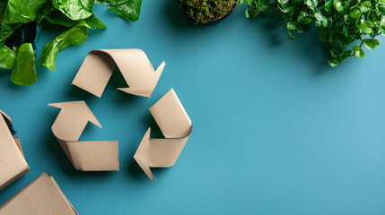 Assorted recyclable items on a blue surface