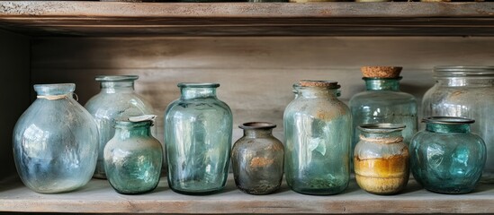 Glass jars with broken seals, some with visible cracks, sitting on a dusty shelf 