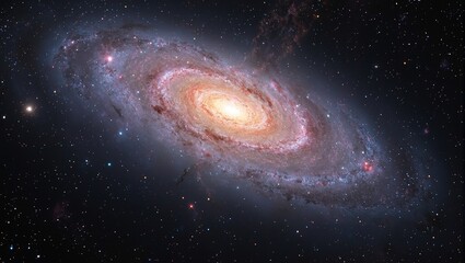 Fototapeta premium Colorful spiral galaxy with pink blue and gold arms in starry deep space