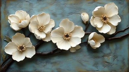 Creamy White Flowers Branch Teal Background Art