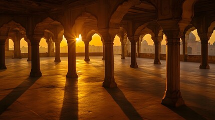 Fototapeta premium Majestic Sunset Illuminating Architectural Arches in Ancient Indo-Islamic Structure with Long Shadows and Warm Golden Hues