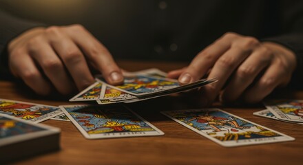 Mystical tarot card reading session with hands spreading cards on wooden table