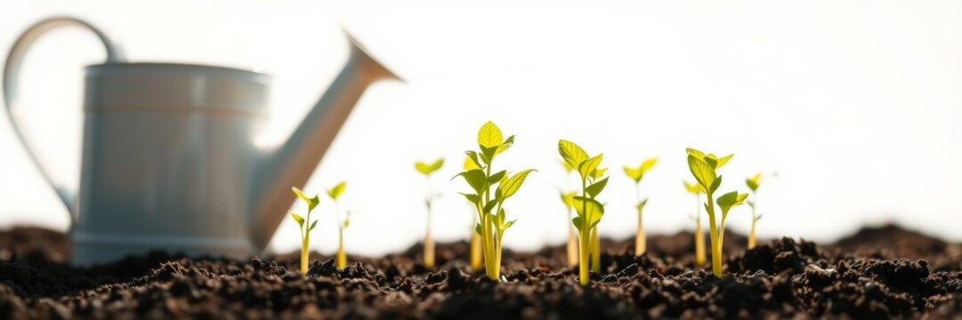 Growing green seedlings in rich soil by a watering can, symbolizing growth and hope in Volunteering