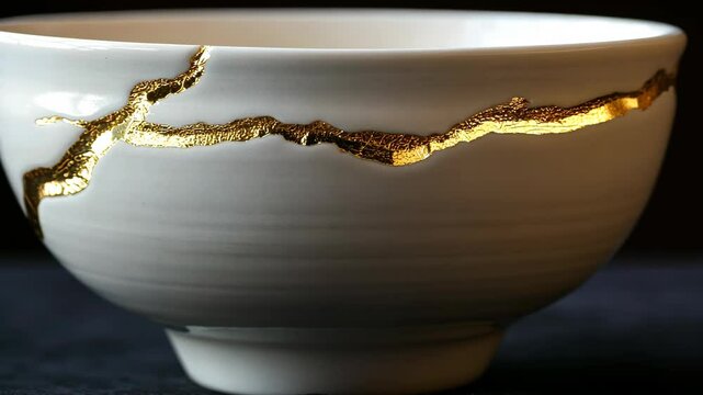 Unique handcrafted ceramic bowl featuring artistic kintsugi repair with gold accents, ideal for home decor or collection