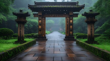 Obraz premium Ancient Wooden Gate Leads To Misty Temple Path