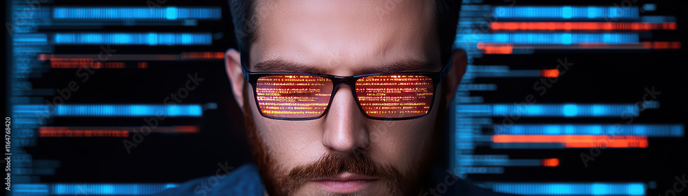 Poster cinematic close up of software developer with code reflections
