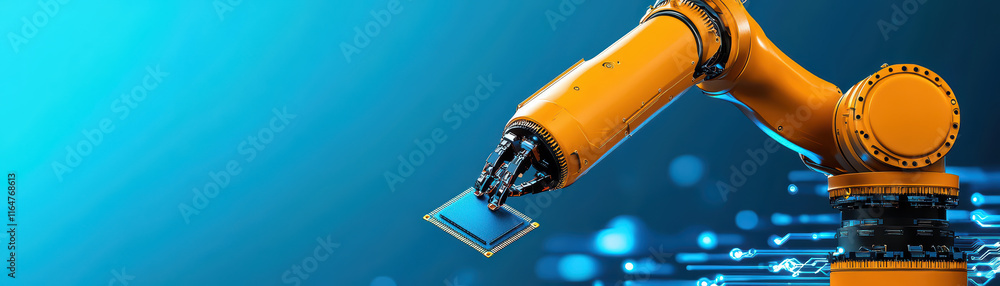 Poster robotic arm assembling microchip in futuristic setting