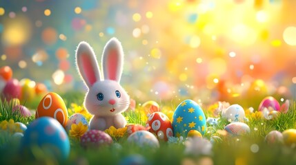 minimalistic Easter banner, copy space for text, minimalist background in bright, cheerful tones, surround the card with colorful Easter elements such as vividly painted eggs and whimsical decorations