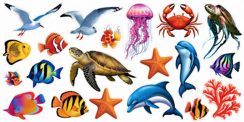 Fototapeta premium Colorful Ocean Animals Sea Life Stickers Dolphins Fish Turtles Jellyfish Crab