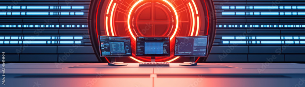 Poster innovative digital workspace with glowing monitors and data