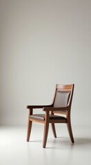 A close up of a chair with a leather seat on a white surface