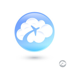 Cloud with airplane silhouette into  circle. Application icon. Web icon.