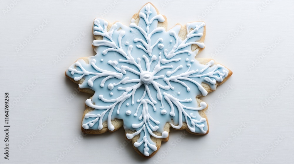 Poster a 3d cookie in the form of a snowflake with precise detailing, frosted with icy blue icing, and plac