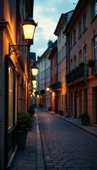 Fototapeta premium Faded sign and vintage lamp post on historic European street at dusk, brick, urban