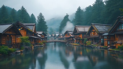 Fototapeta premium Misty Morning in a Japanese Village with Wooden Houses