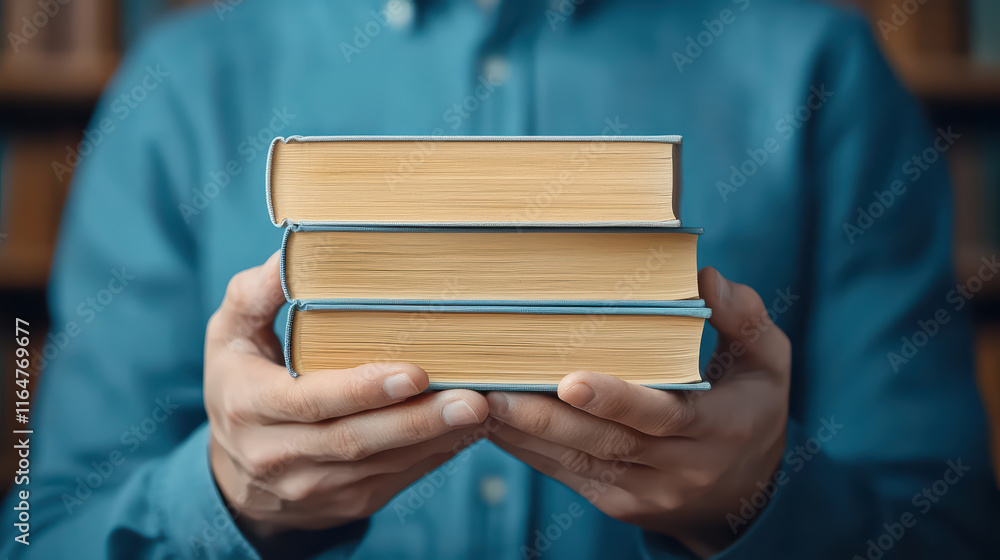 Poster holding three stacked books in library setting