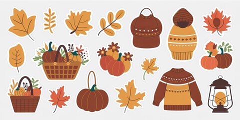 Autumn Stickers Fall Leaves Pumpkins Sweaters Basket