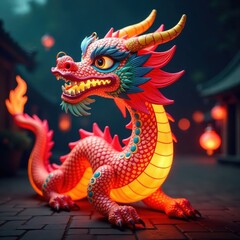 Dragon Lantern with vibrant colors and intricate designs, festive lights, golden dragons