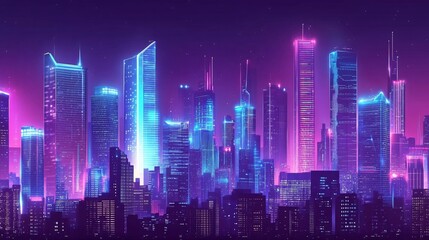 Naklejka premium Futuristic Cyberpunk Cityscape with Neon Lights at Night