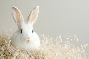 Obraz premium Easter banner, ears of a white rabbit look out of a hole in the ground on a plain background