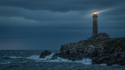 Fototapeta premium Dramatic old lighthouse on cliff with stormy sky and crashing waves
