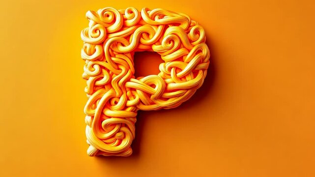 Decorative letter P formed from intricate orange pasta on a vibrant background highlighting creativity in food art
