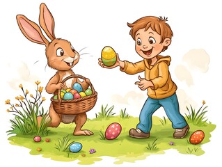 kid trhowing easter eggs and a rabbit holding an easter basket and catches the eggs,no backround, cartoon style