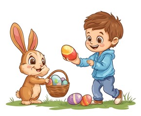 kid trhowing easter eggs and a rabbit holding an easter basket and catches the eggs,no backround, cartoon style