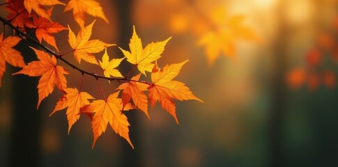 Golden maple leaves cluster on a slender tree branch amidst autumn foliage, orange, golden