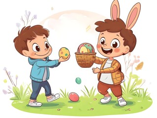 kid trhowing easter eggs and a rabbit holding an easter basket and catches the eggs,no backround, cartoon style