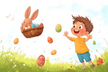 kid trhowing easter eggs and a rabbit holding an easter basket and catches the eggs,no backround, cartoon style