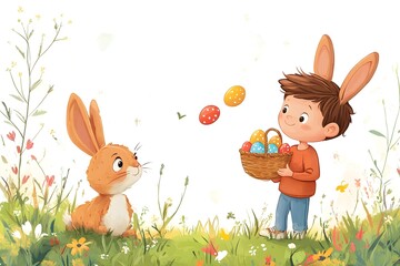 kid trhowing easter eggs and a rabbit holding an easter basket and catches the eggs,no backround, cartoon style