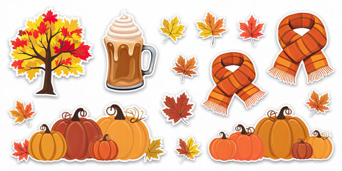 Fototapeta premium Autumn Stickers Pumpkins Tree Scarf Latte Leaves