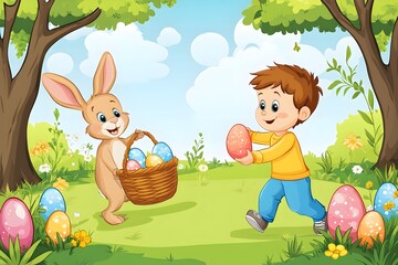 kid trhowing easter eggs and a rabbit holding an easter basket and catches the eggs,no backround, cartoon style