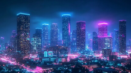 Fototapeta premium Futuristic Cyberpunk Cityscape with Neon Lights at Night
