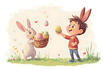 kid trhowing easter eggs and a rabbit holding an easter basket and catches the eggs,no backround, cartoon style