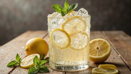 Refreshing sparkling lemonade with lemons and mint on wooden table