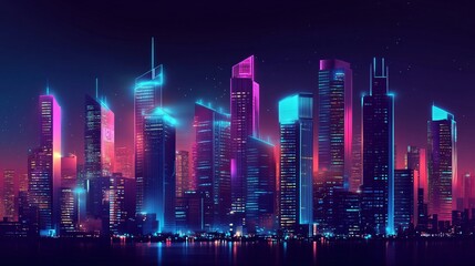 Futuristic Cyberpunk Cityscape with Neon Lights at Night