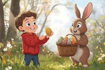 kid trhowing easter eggs and a rabbit holding an easter basket and catches the eggs,no backround, cartoon style,
