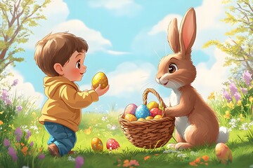 kid trhowing easter eggs and a rabbit holding an easter basket and catches the eggs,no backround, cartoon style,