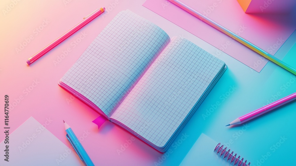Poster open grid notebook with colored pencils on pastel background.