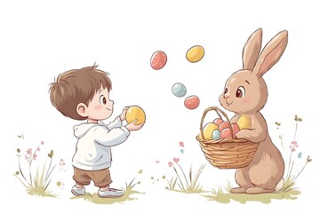 kid trhowing easter eggs and a rabbit holding an easter basket and catches the eggs,no backround, cartoon style,