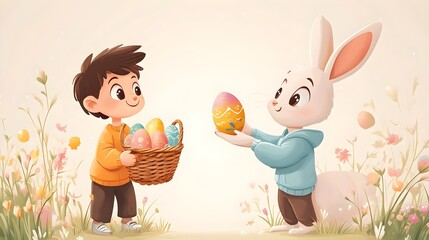 kid trhowing easter eggs and a rabbit holding an easter basket and catches the eggs,no backround, cartoon style,