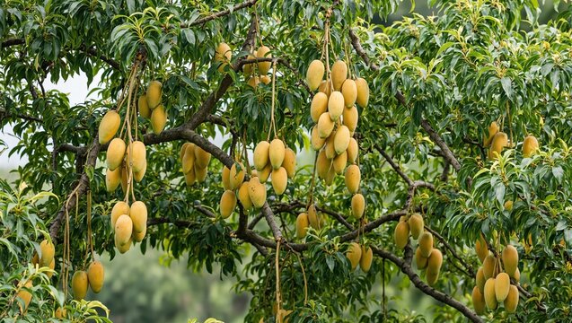 Ripe golden mangoes hanging from tree with green leaves in orchard