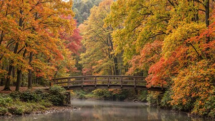 Obraz premium Tranquil autumn river scene with wooden bridge and colorful leaves
