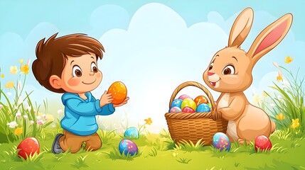 kid trhowing easter eggs and a rabbit holding an easter basket and catches the eggs,no backround, cartoon style,