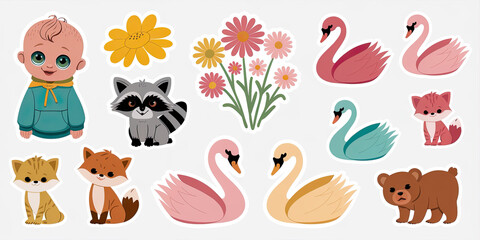 Obraz premium Cute Baby Animals Flowers Stickers Kids Wildlife Nature Design Elements