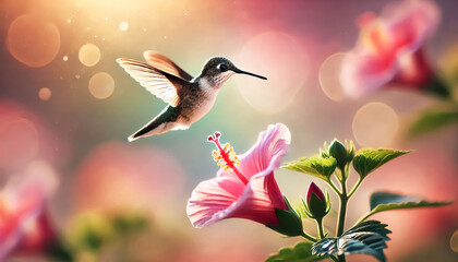 Naklejka premium Hummingbird flying in the air next to a flower.