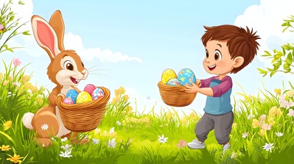 kid trhowing easter eggs and a rabbit holding an easter basket and catches the eggs,no backround, cartoon style,