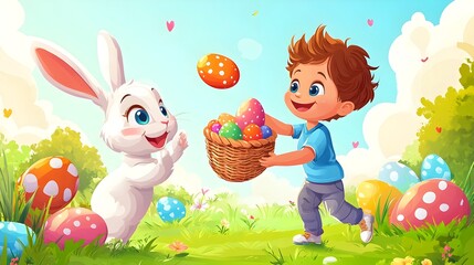 kid trhowing easter eggs and a rabbit holding an easter basket and catches the eggs,no backround, cartoon style,